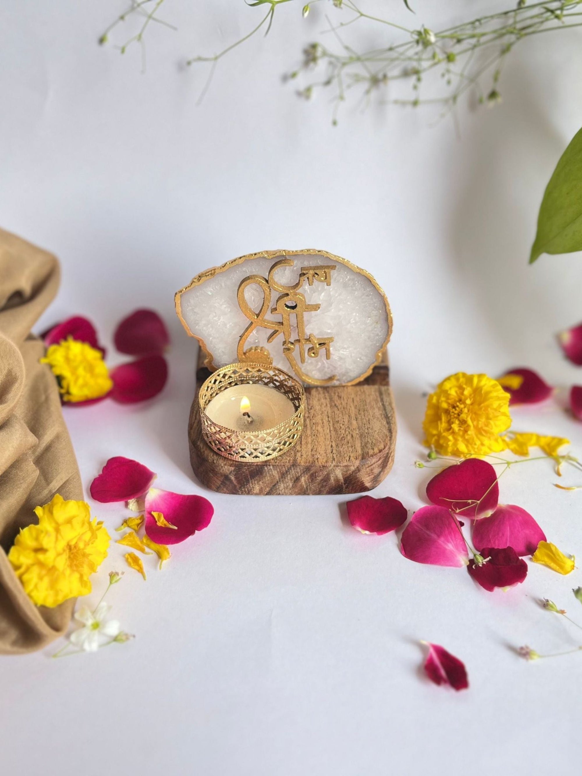 Jai Shree Ram - Agate Tea Light with Wood Stand