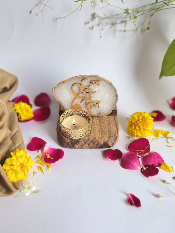 Jai Shree Ram - Agate Tea Light with Wood Stand