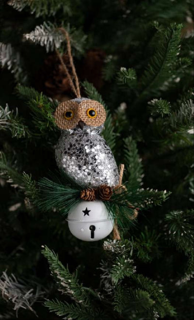 Silver Owl Hanging Ornament on White Bell Base_CC80
