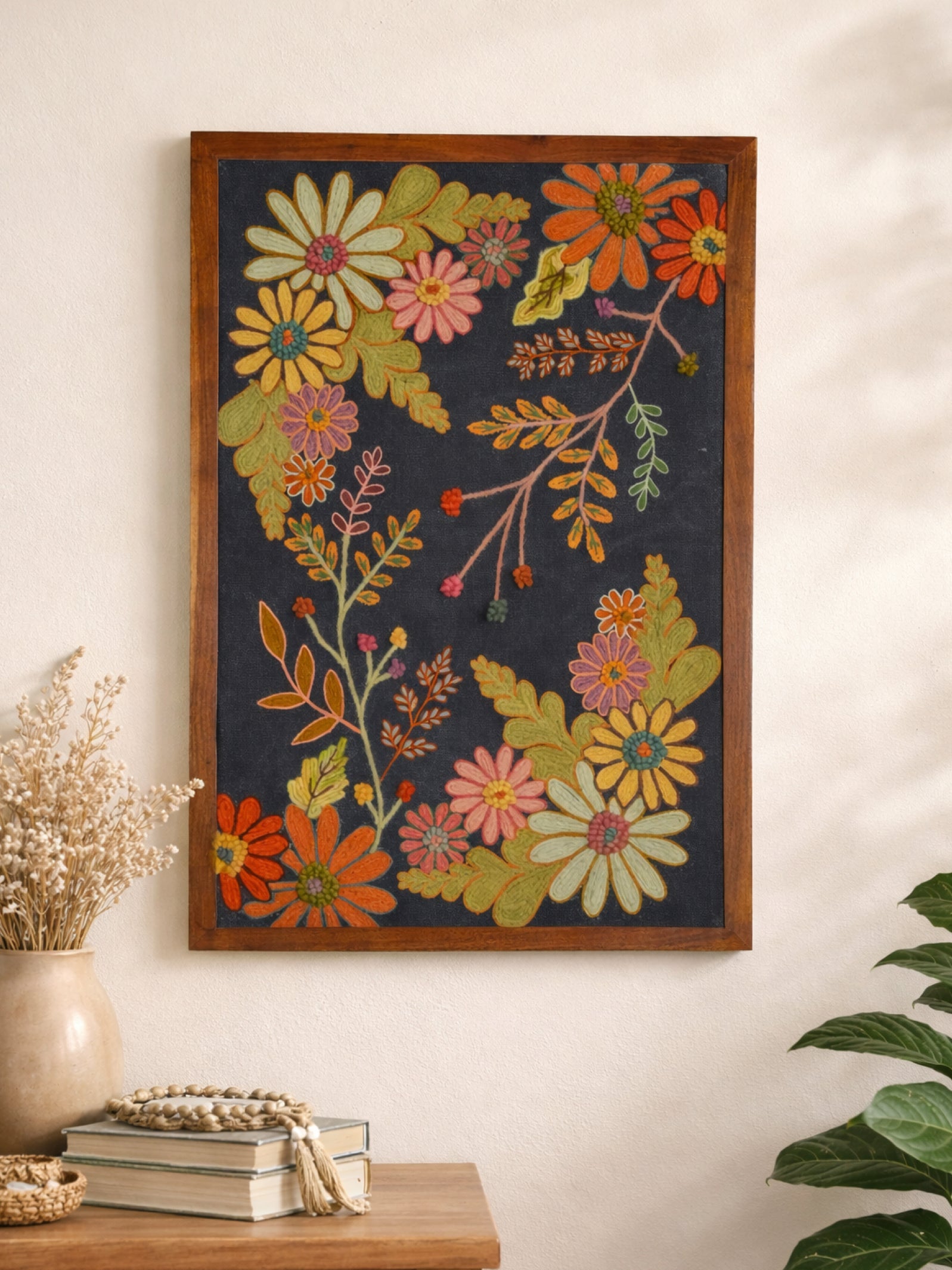 Blue Floral Embroidered Wall Frame – Acacia Wood (70 x 100 cm)
