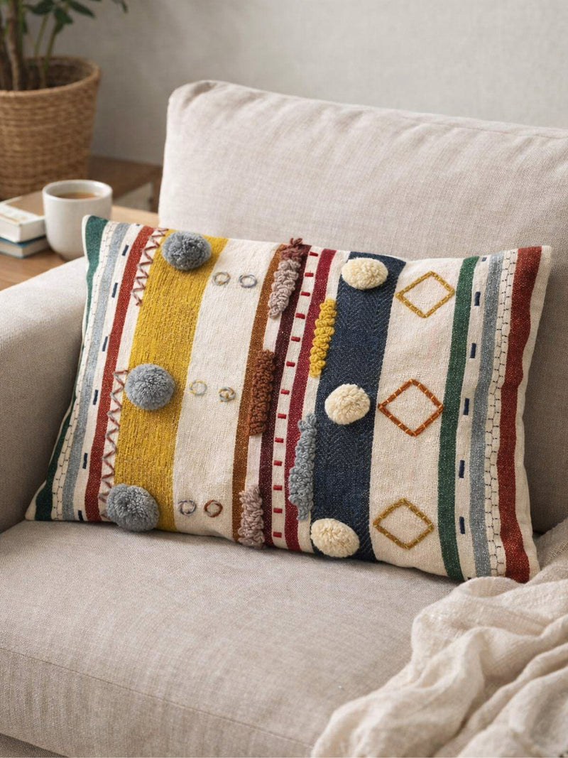 Boho Textured Embroidered Lumbar Pillow Cover