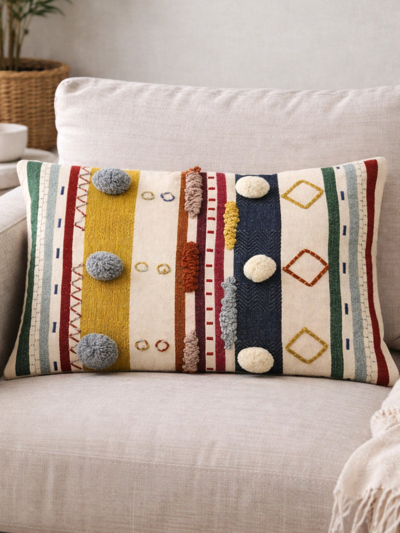 Boho Textured Embroidered Lumbar Pillow Cover