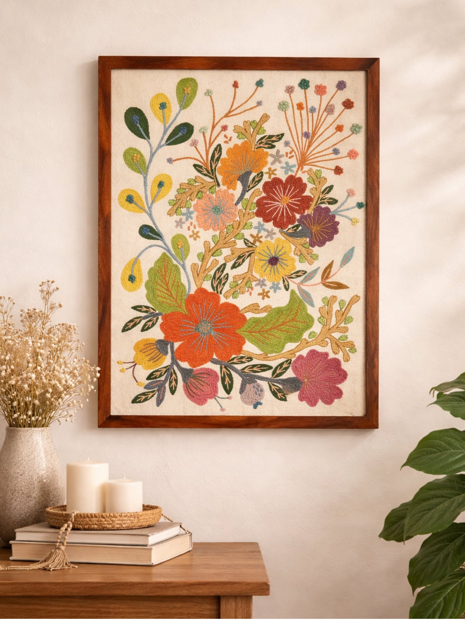 White Floral Embroidered Wall Frame – Acacia Wood (70 x 100 cm)