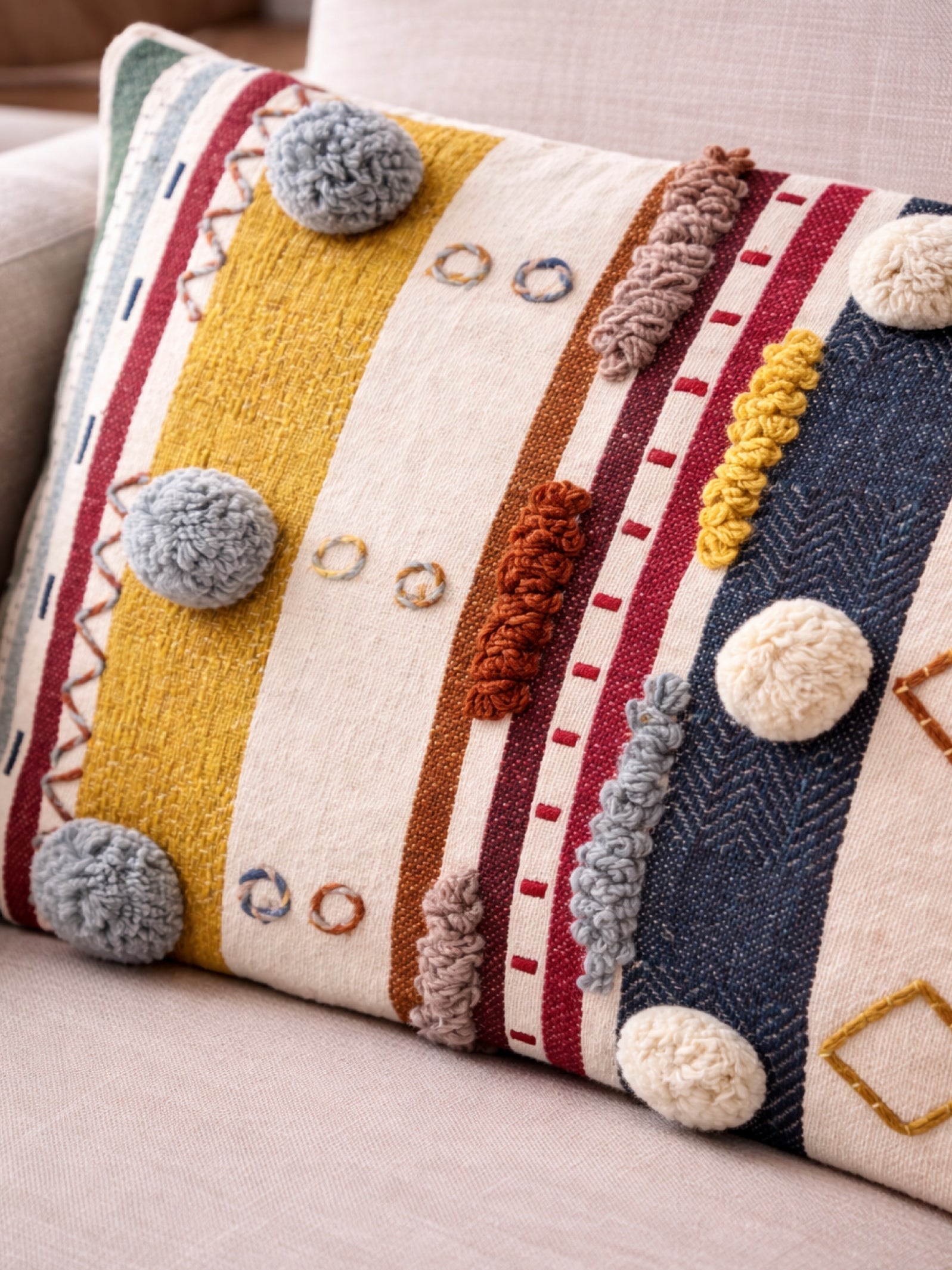 Boho Textured Embroidered Lumbar Pillow Cover