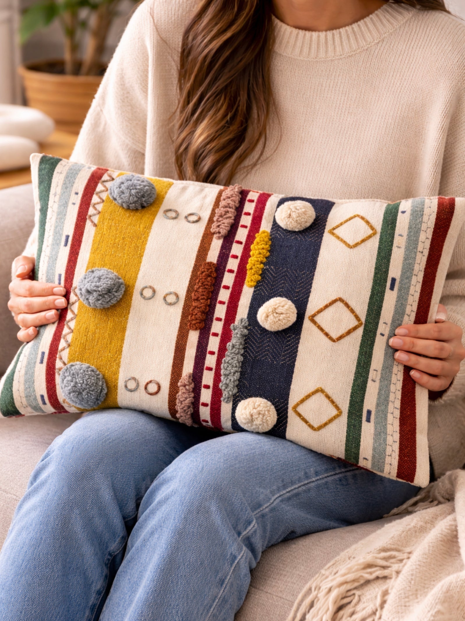 Boho Textured Embroidered Lumbar Pillow Cover