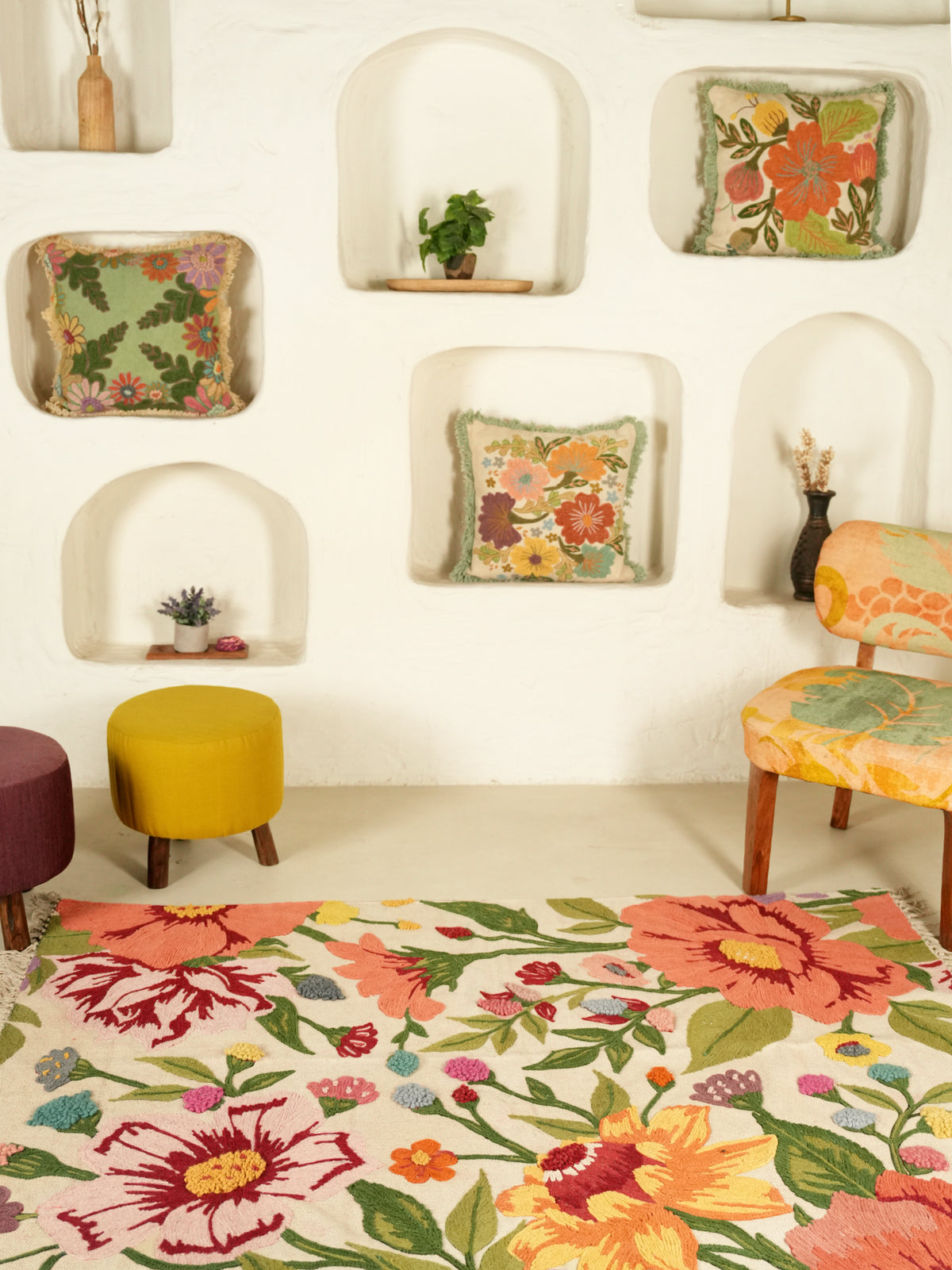 Embroided Handmade Rugs Rugs | Colorburst Botanical Hand Embroidered Rug