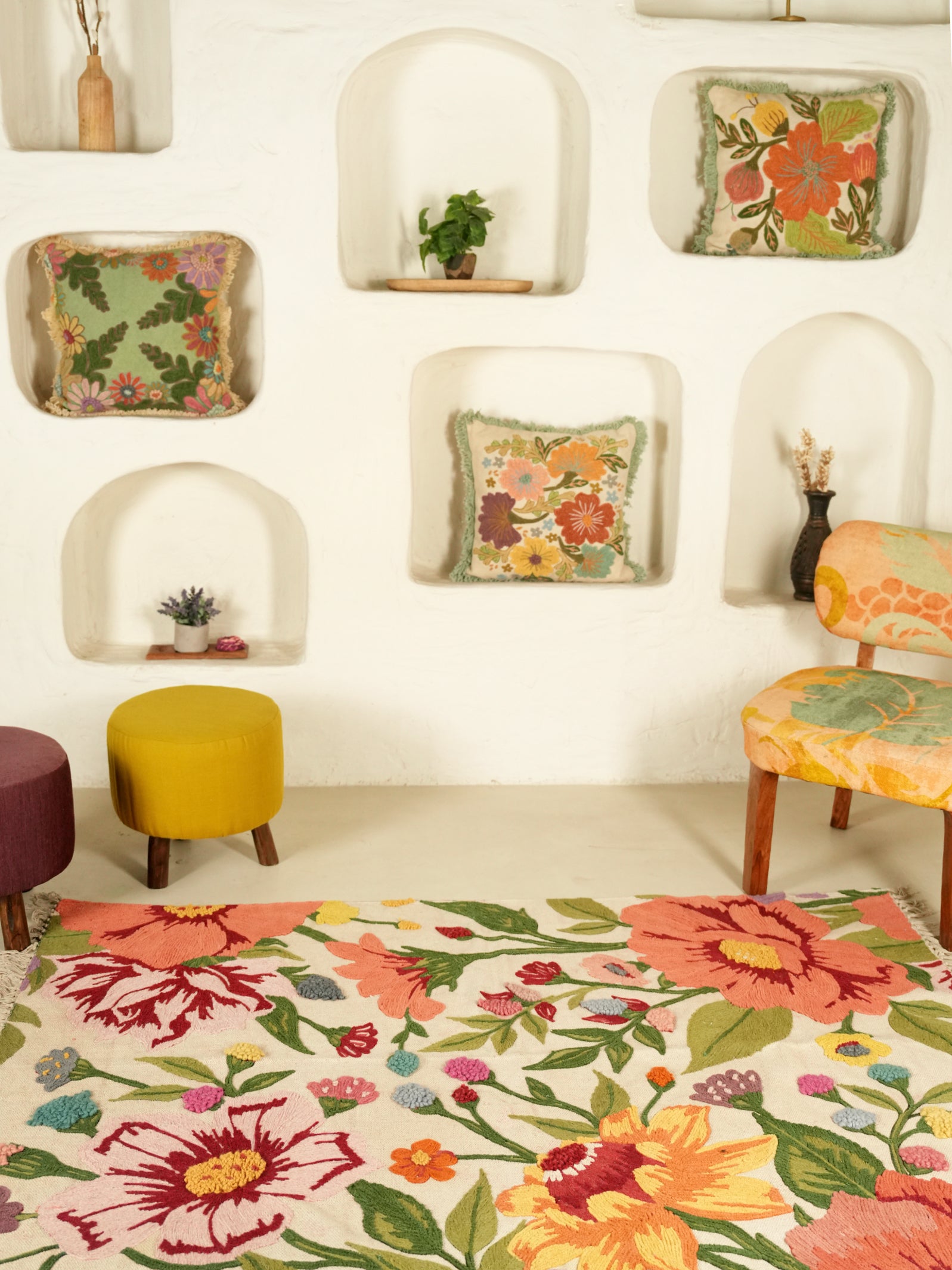 Colorburst Botanical Hand Embroidered Rug