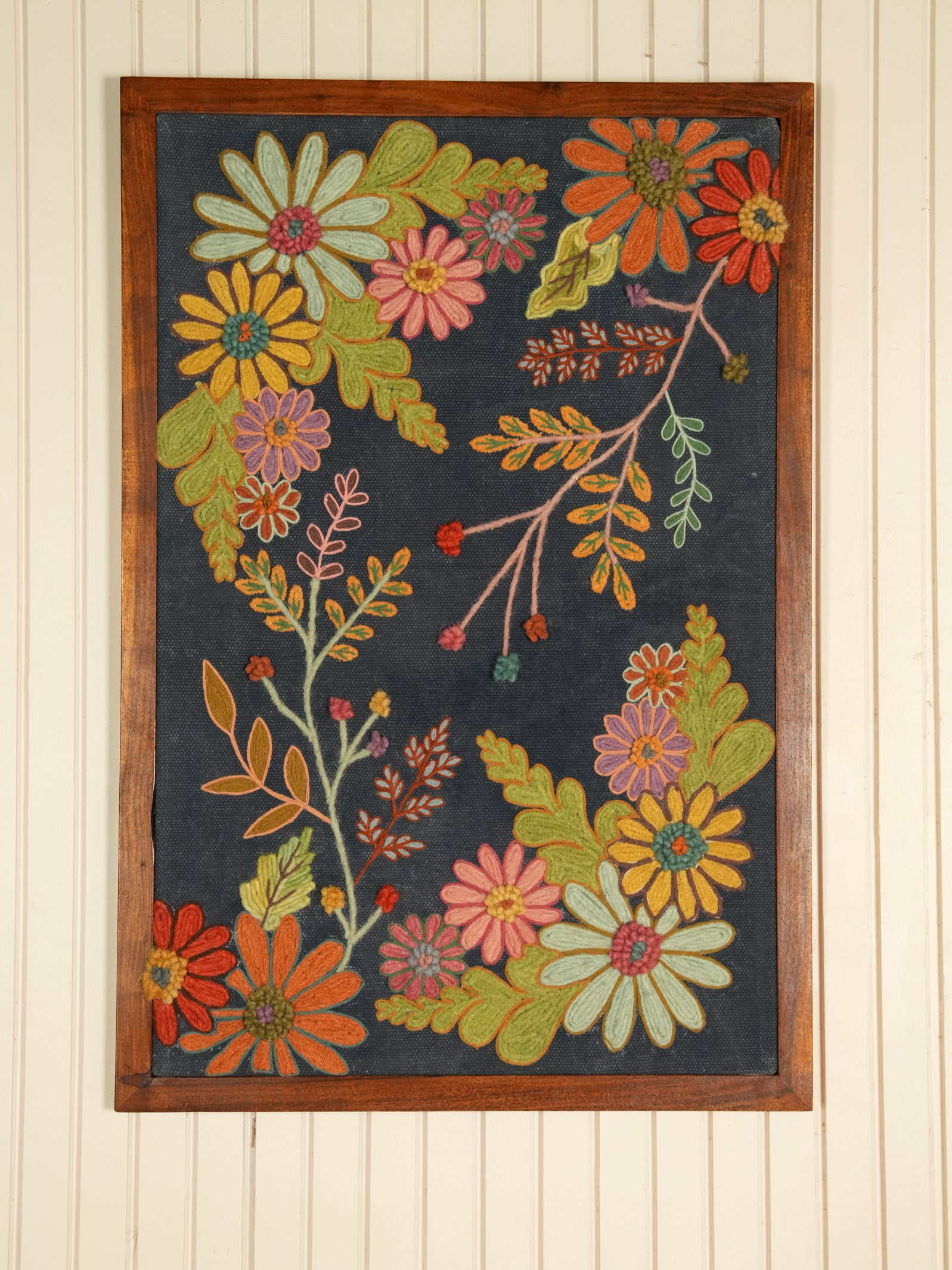 Blue Floral Embroidered Wall Frame – Acacia Wood (70 x 100 cm)