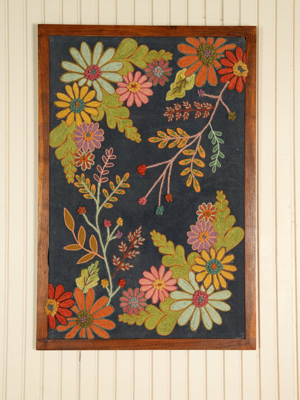 Blue Floral Embroidered Wall Frame – Acacia Wood (70 x 100 cm)