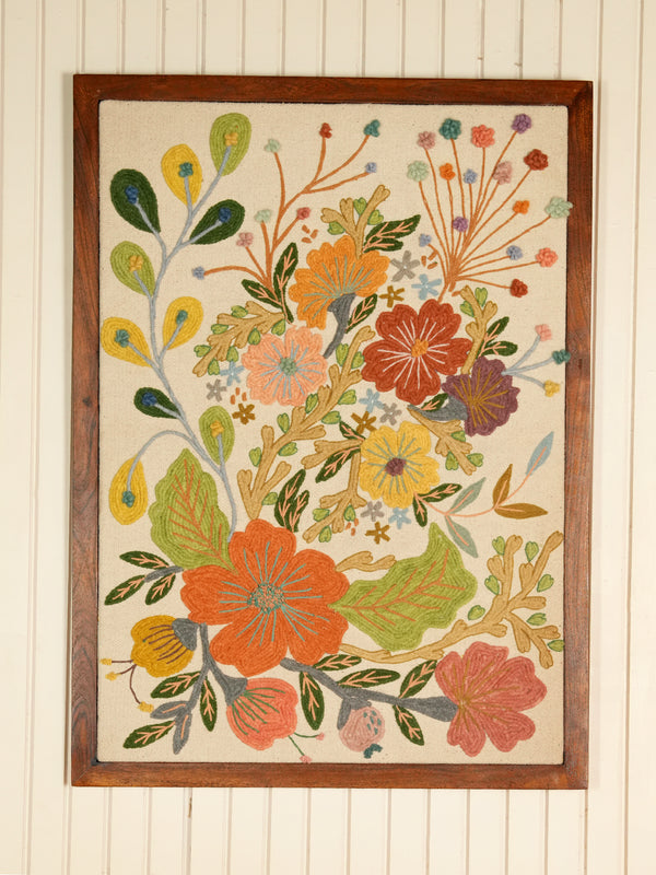 White Floral Embroidered Wall Frame – Acacia Wood (70 x 100 cm)