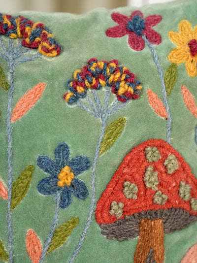 Forest Fungi & Floral Embroidered Cushion
