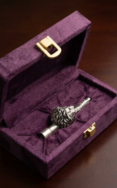 Sabera king lion hookah tip in its fitted velvet gift box