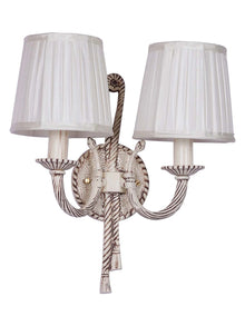 Knotted Cast Aluminium Distressed Creme Antique 2 Light Wall Lamp with Pleated Fabric Shades