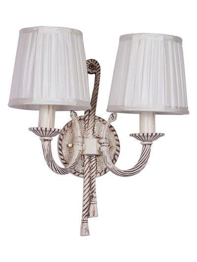 Knotted Cast Aluminium Distressed Creme Antique 2 Light Wall Lamp with Pleated Fabric Shades