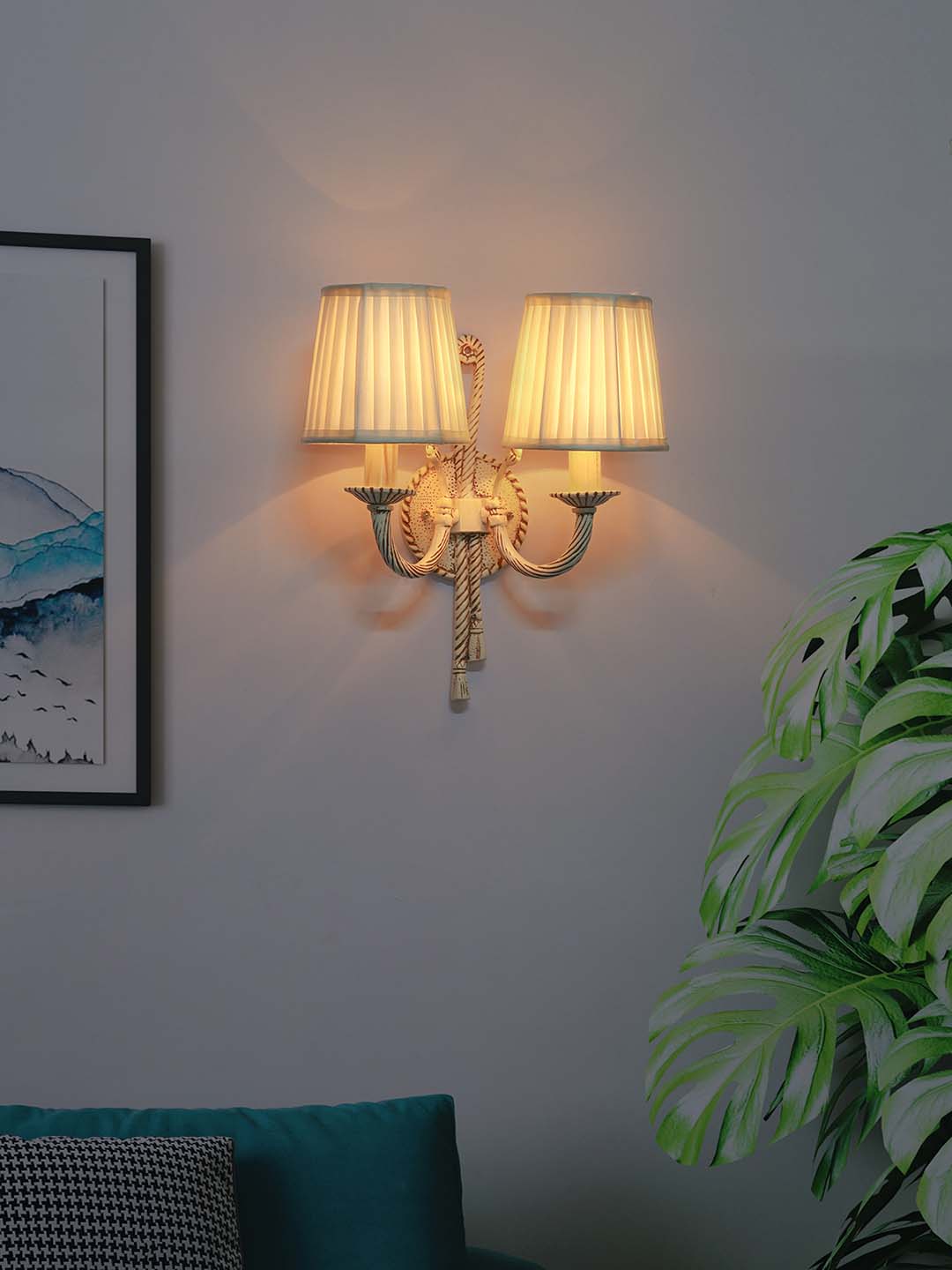 Knotted Cast Aluminium Distressed Creme Antique 2 Light Wall Lamp with Pleated Fabric Shades
