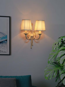 Knotted Cast Aluminium Distressed Creme Antique 2 Light Wall Lamp with Pleated Fabric Shades