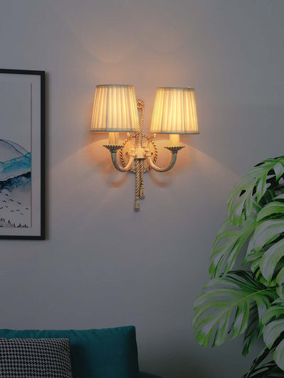 Knotted Cast Aluminium Distressed Creme Antique 2 Light Wall Lamp with Pleated Fabric Shades