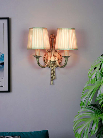 Knotted Cast Aluminium Distressed Creme Antique 2 Light Wall Lamp with Pleated Fabric Shades