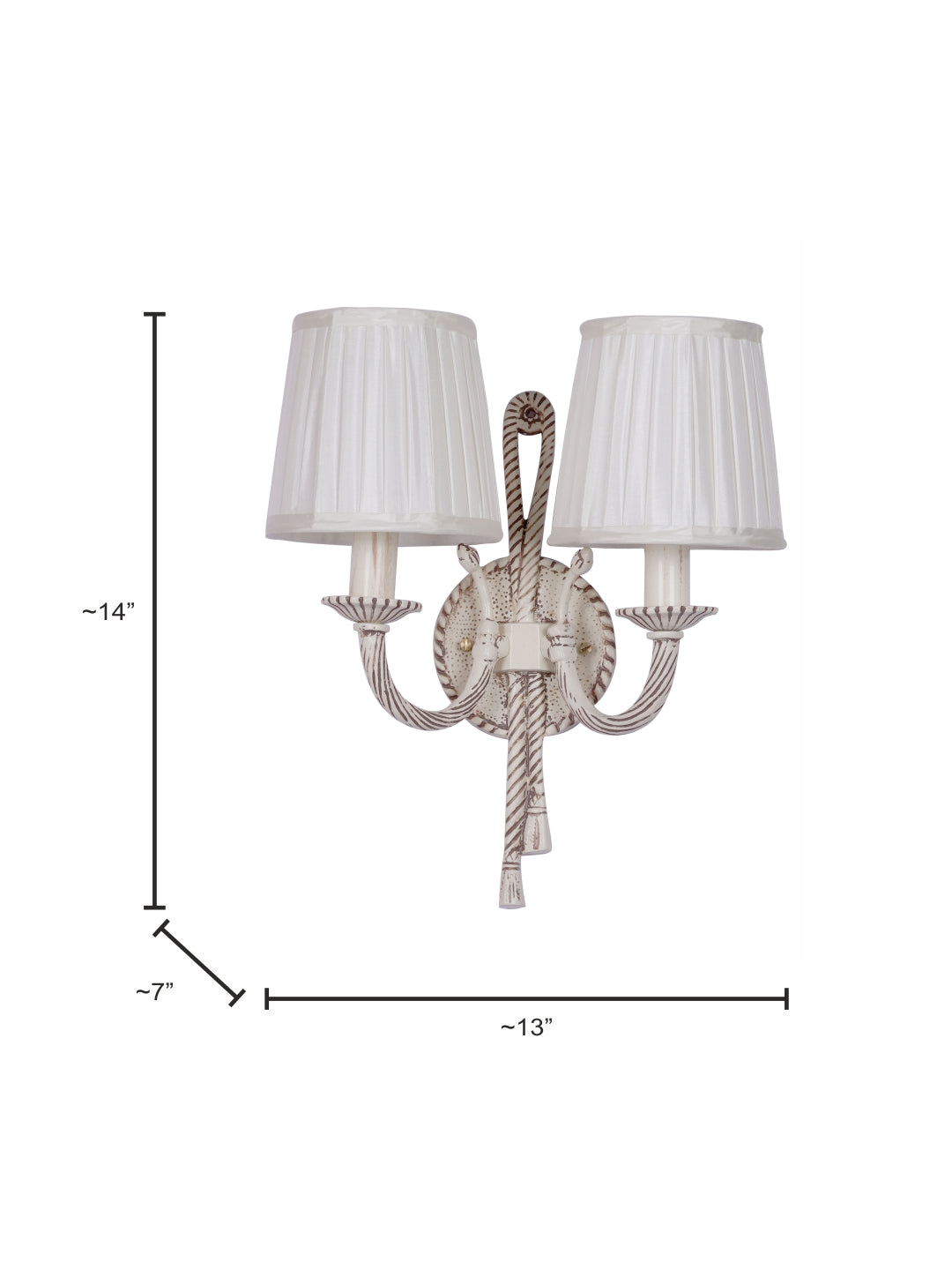 Knotted Cast Aluminium Distressed Creme Antique 2 Light Wall Lamp with Pleated Fabric Shades