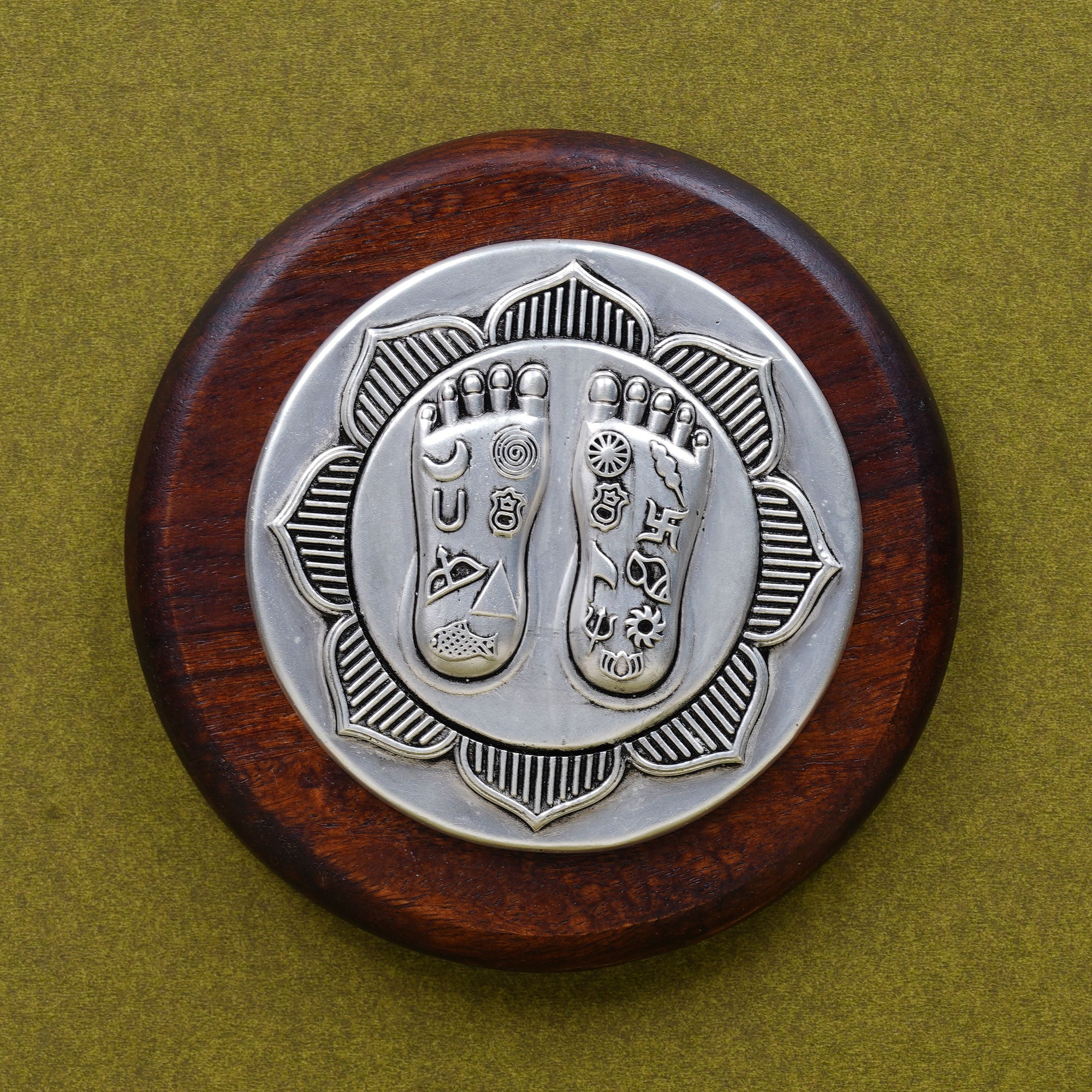 Lakshmi Charan on Lotus | Set on Elegant Wooden Plank/Rose Quartz