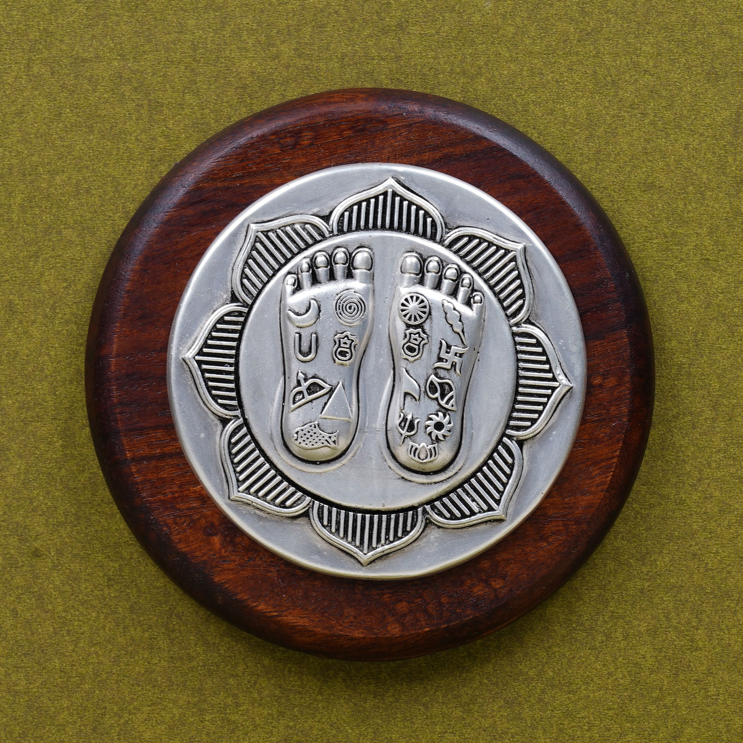 Lakshmi Charan on Lotus | Set on Elegant Wooden Plank/Rose Quartz