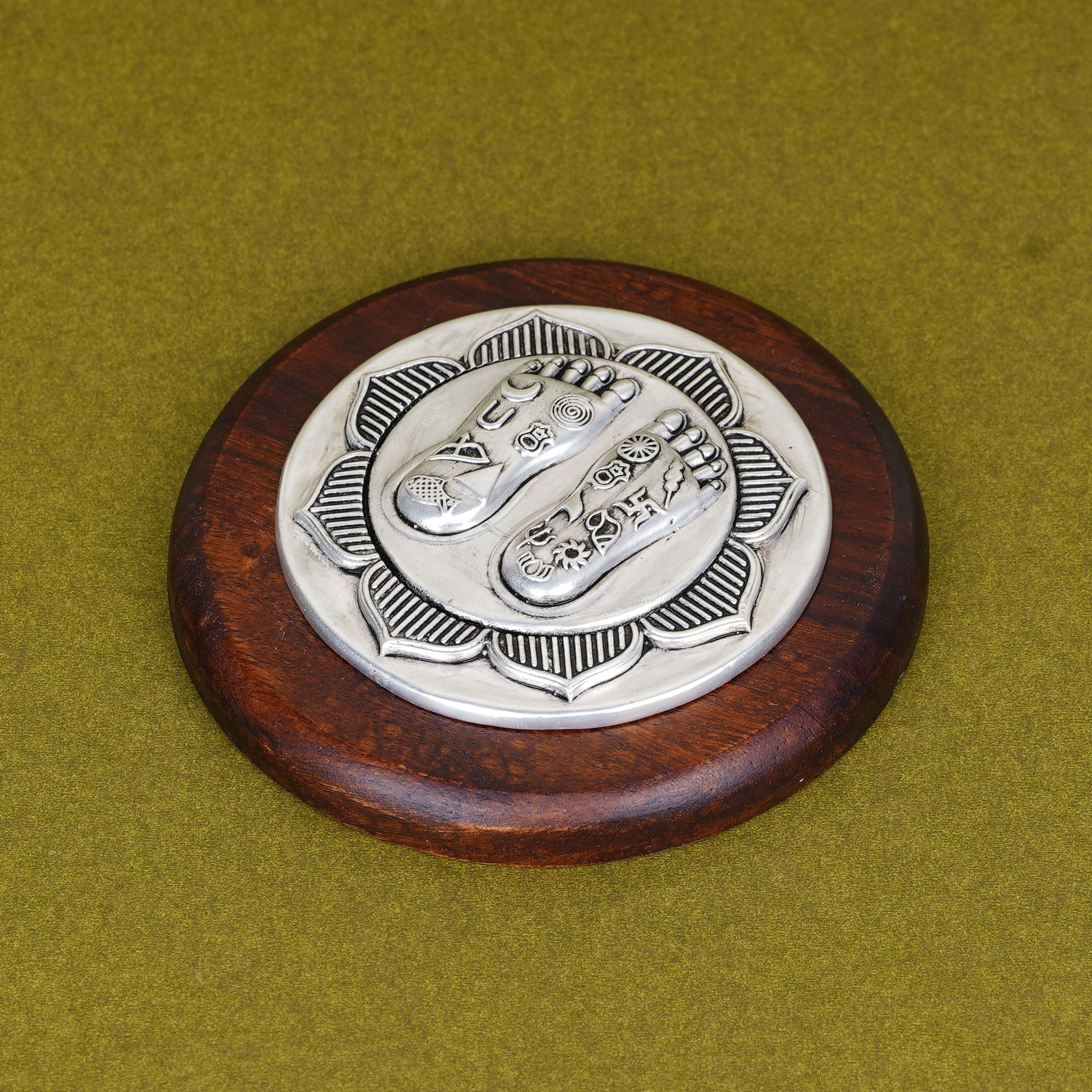 Lakshmi Charan on Lotus | Set on Elegant Wooden Plank/Rose Quartz