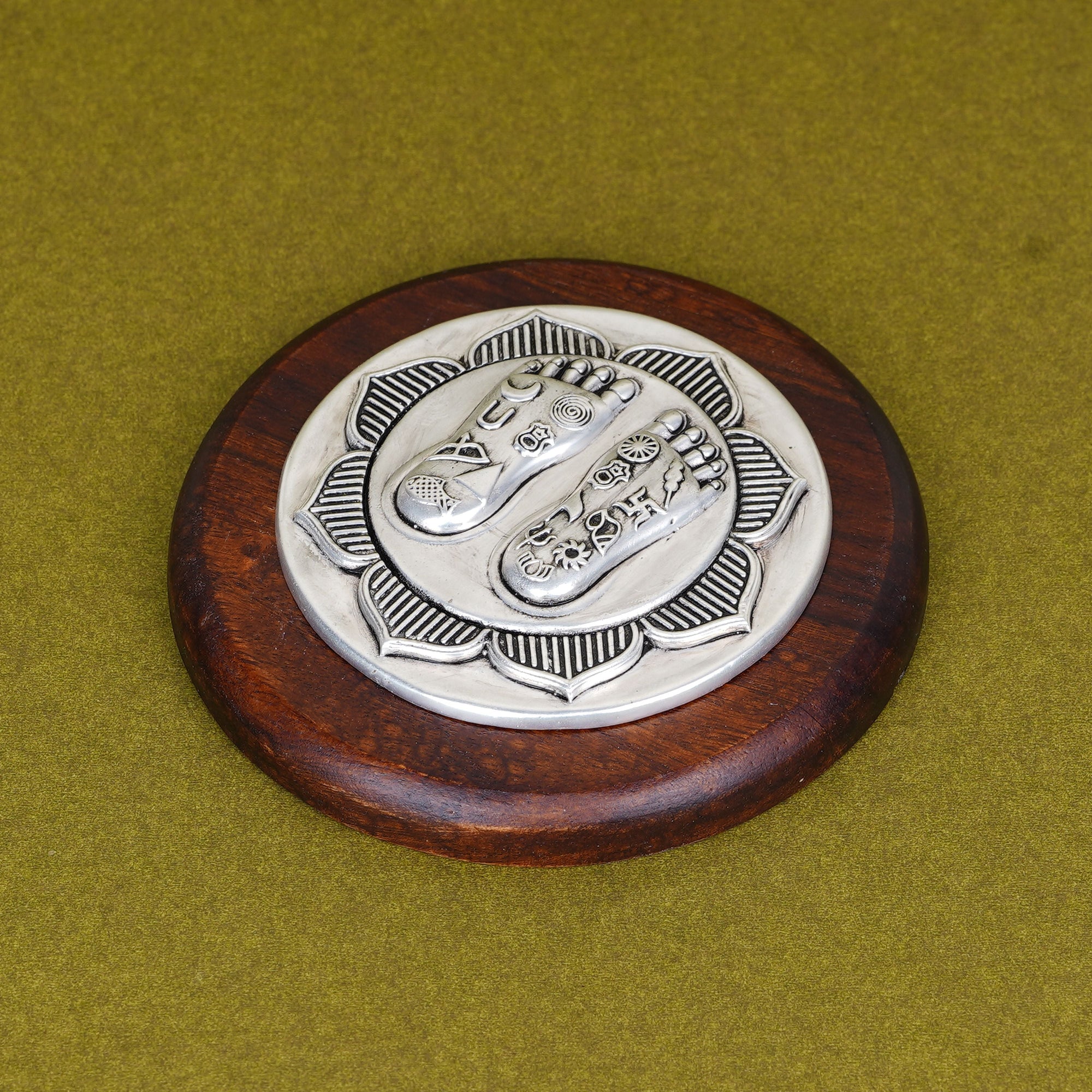 Lakshmi Charan on Lotus | Set on Elegant Wooden Plank/Rose Quartz