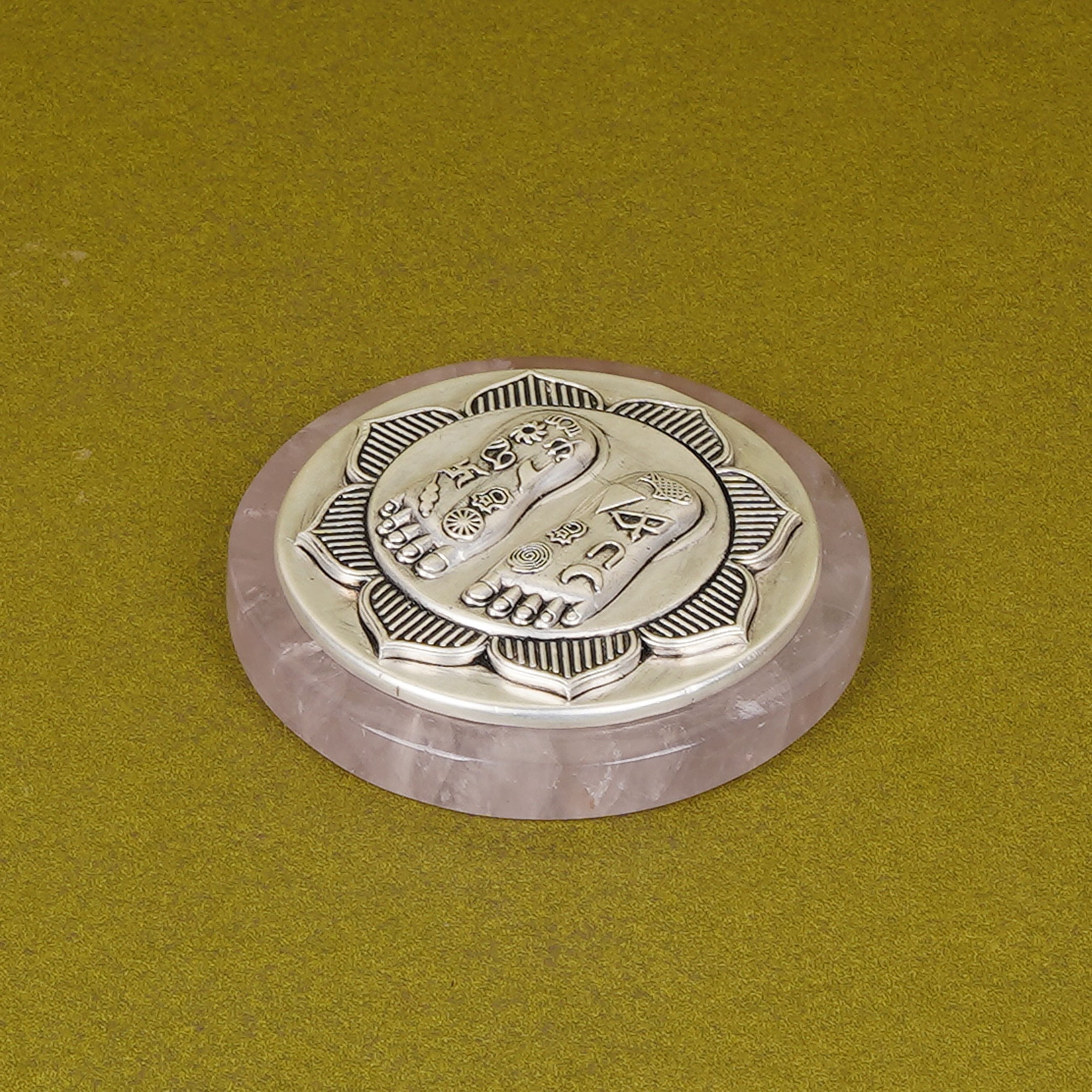 Lakshmi Charan on Lotus | Set on Elegant Wooden Plank/Rose Quartz