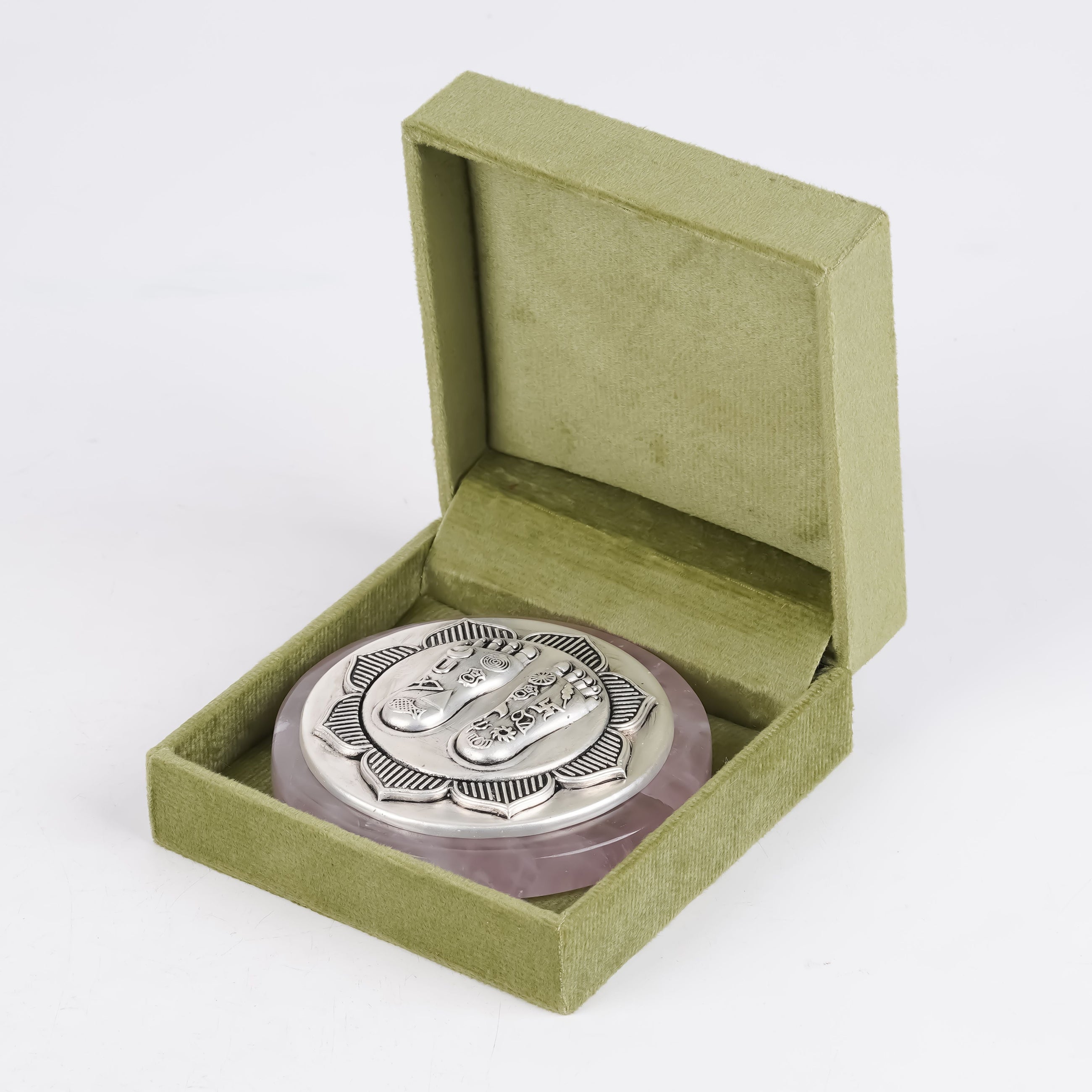 Lakshmi Charan on Lotus | Set on Elegant Wooden Plank/Rose Quartz