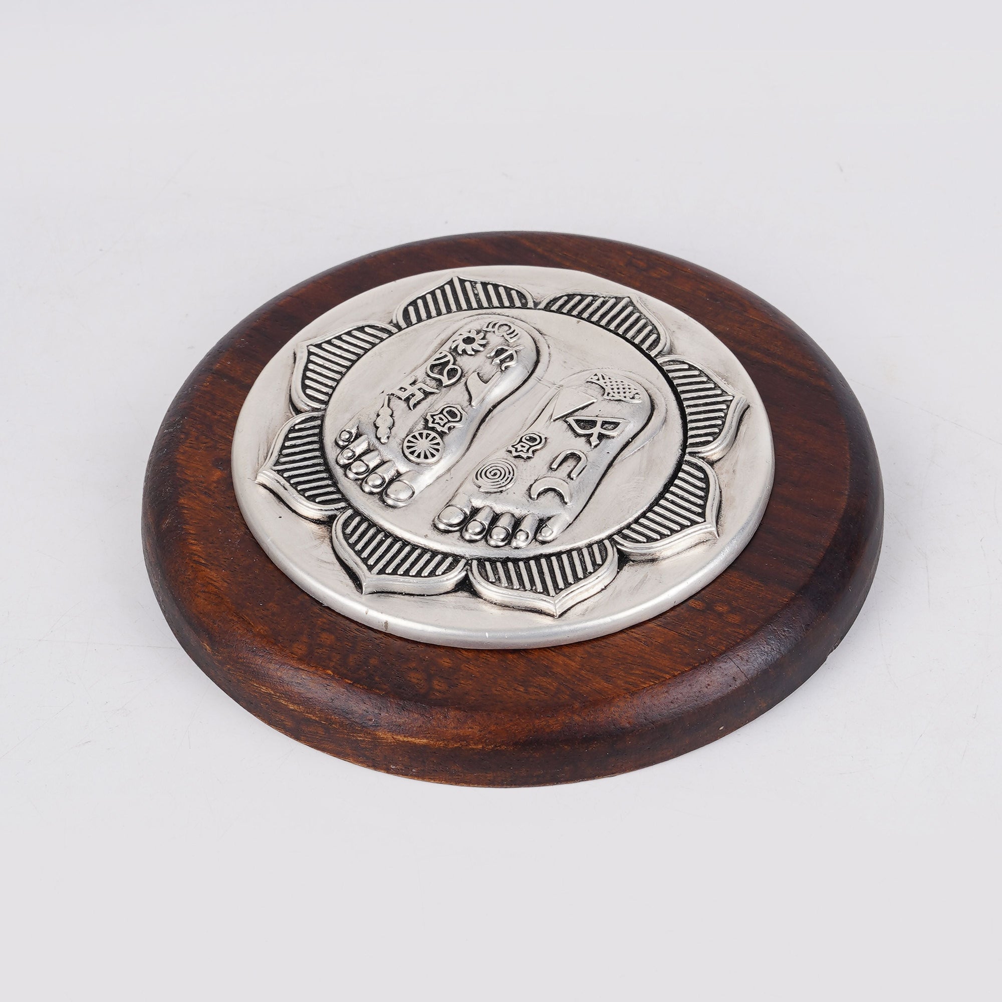 Lakshmi Charan on Lotus | Set on Elegant Wooden Plank/Rose Quartz