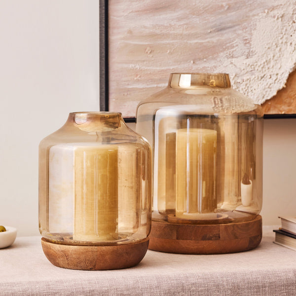 Halo Hurricanes – Set of Two Glass & Wood Candle Holders