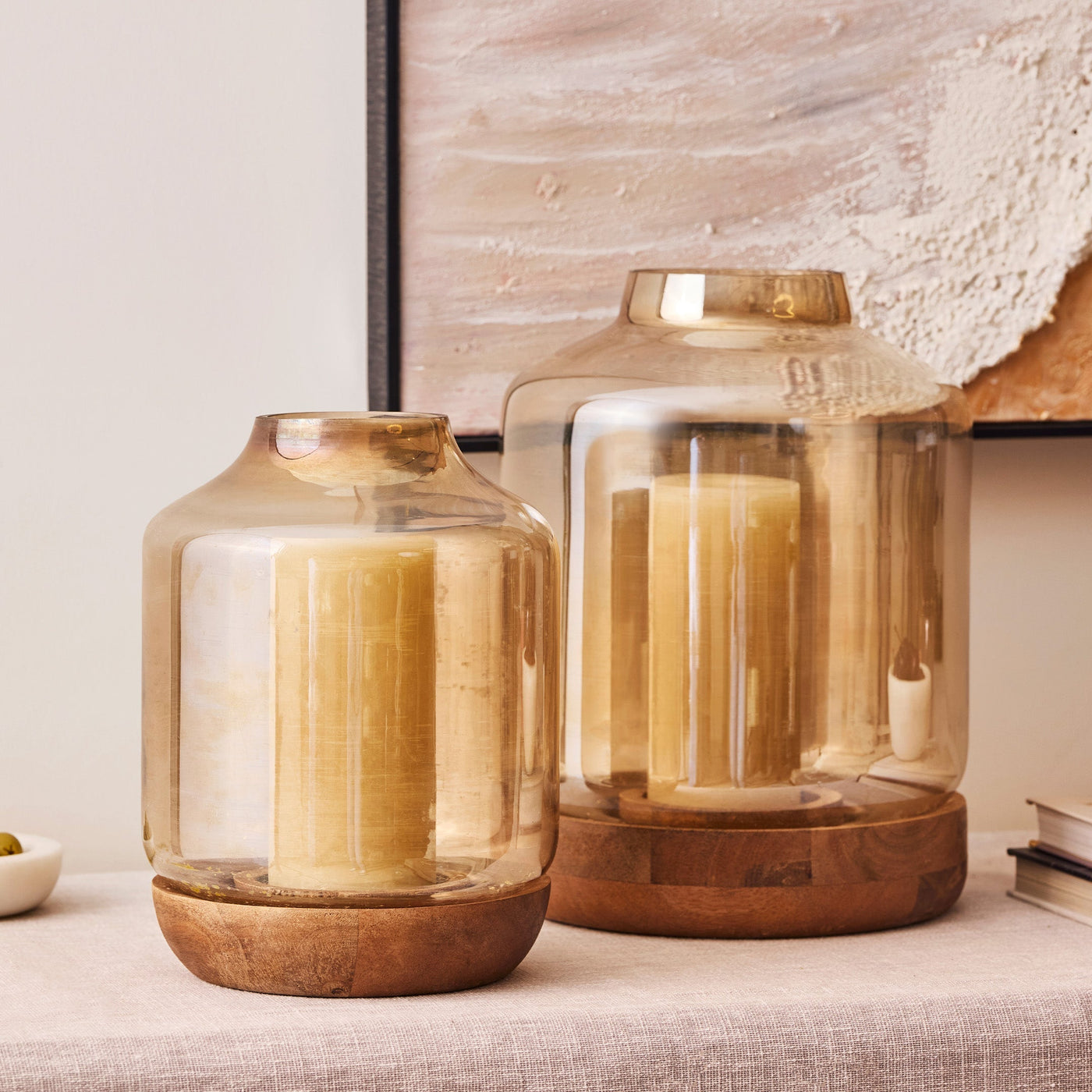 Halo Hurricanes – Set of Two Glass & Wood Candle Holders