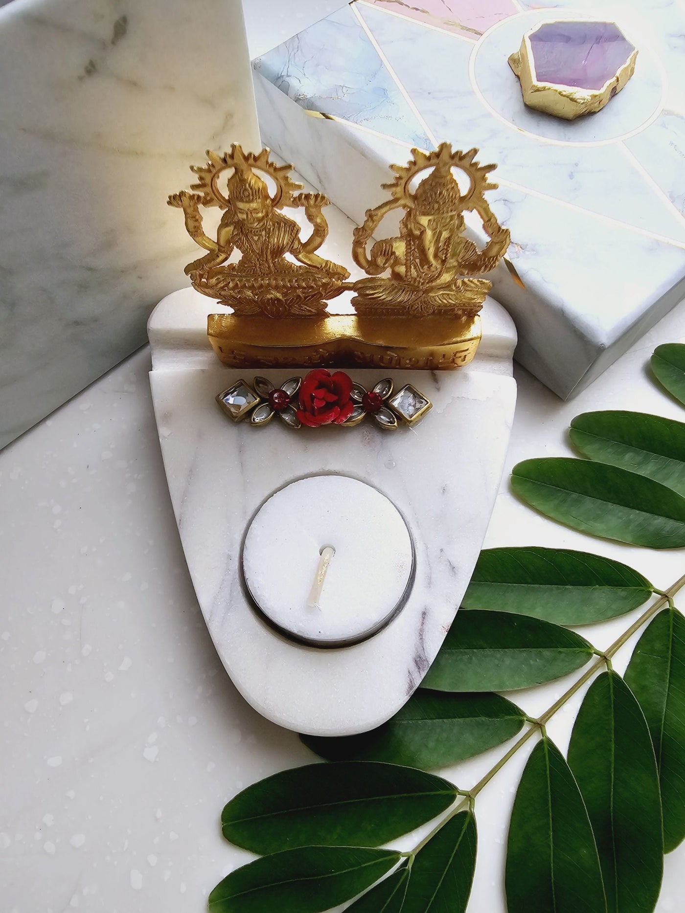 Laxmi Ganesha & Marble Base Tea Light Holder Gold