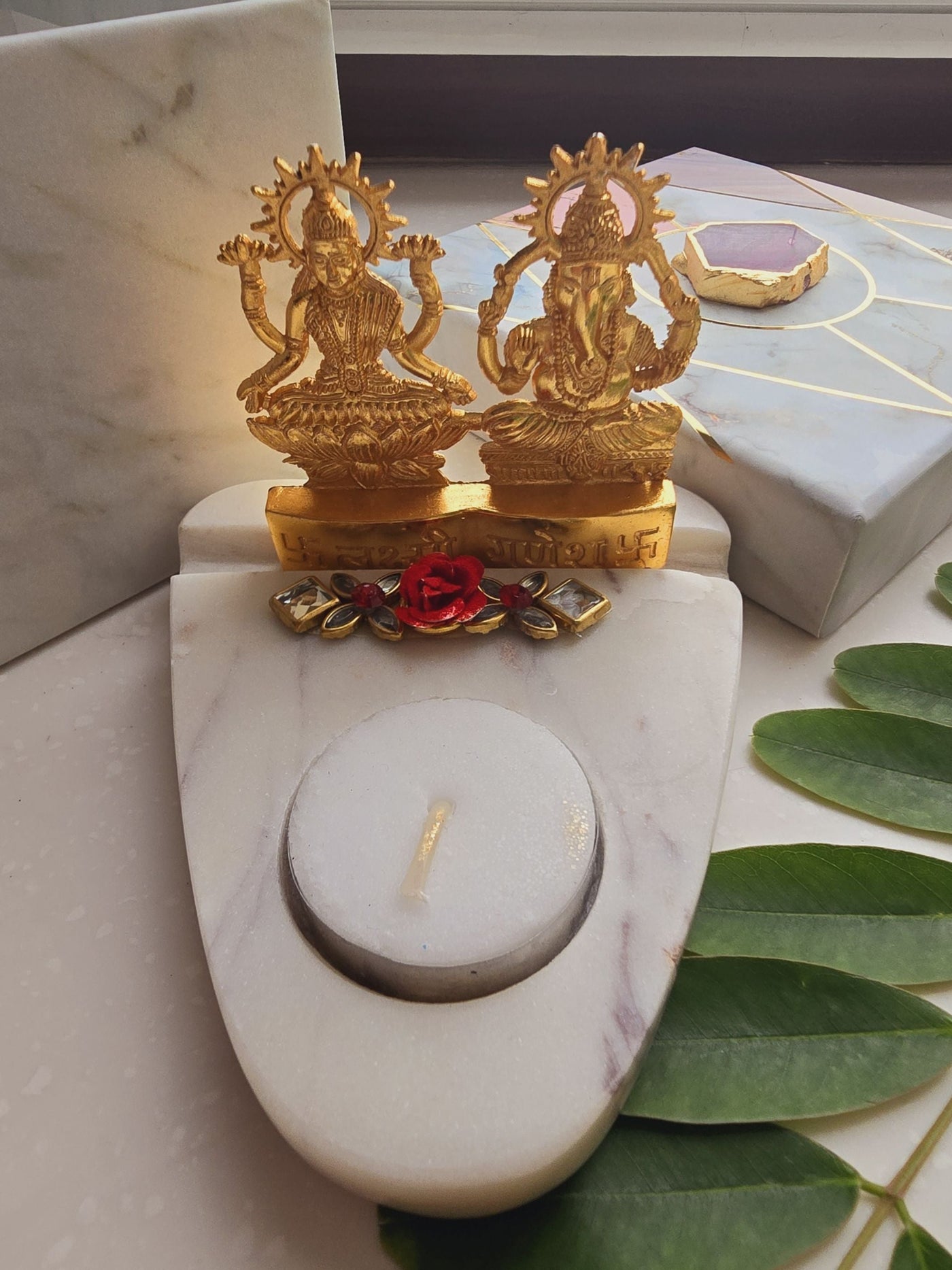 Laxmi Ganesha & Marble Base Tea Light Holder Gold