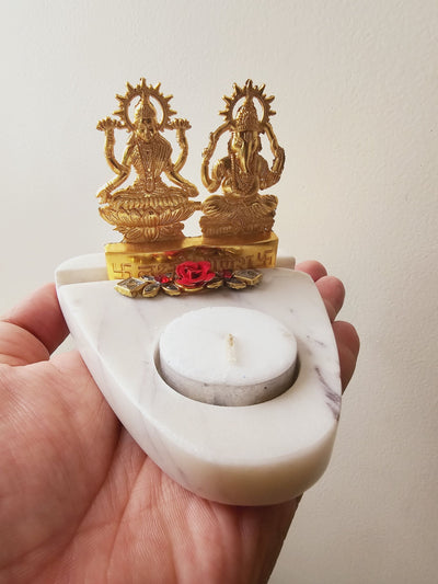 Laxmi Ganesha & Marble Base Tea Light Holder Gold