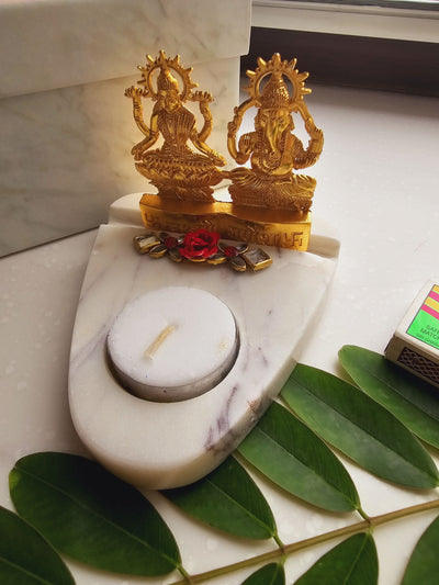 Laxmi Ganesha & Marble Base Tea Light Holder Gold