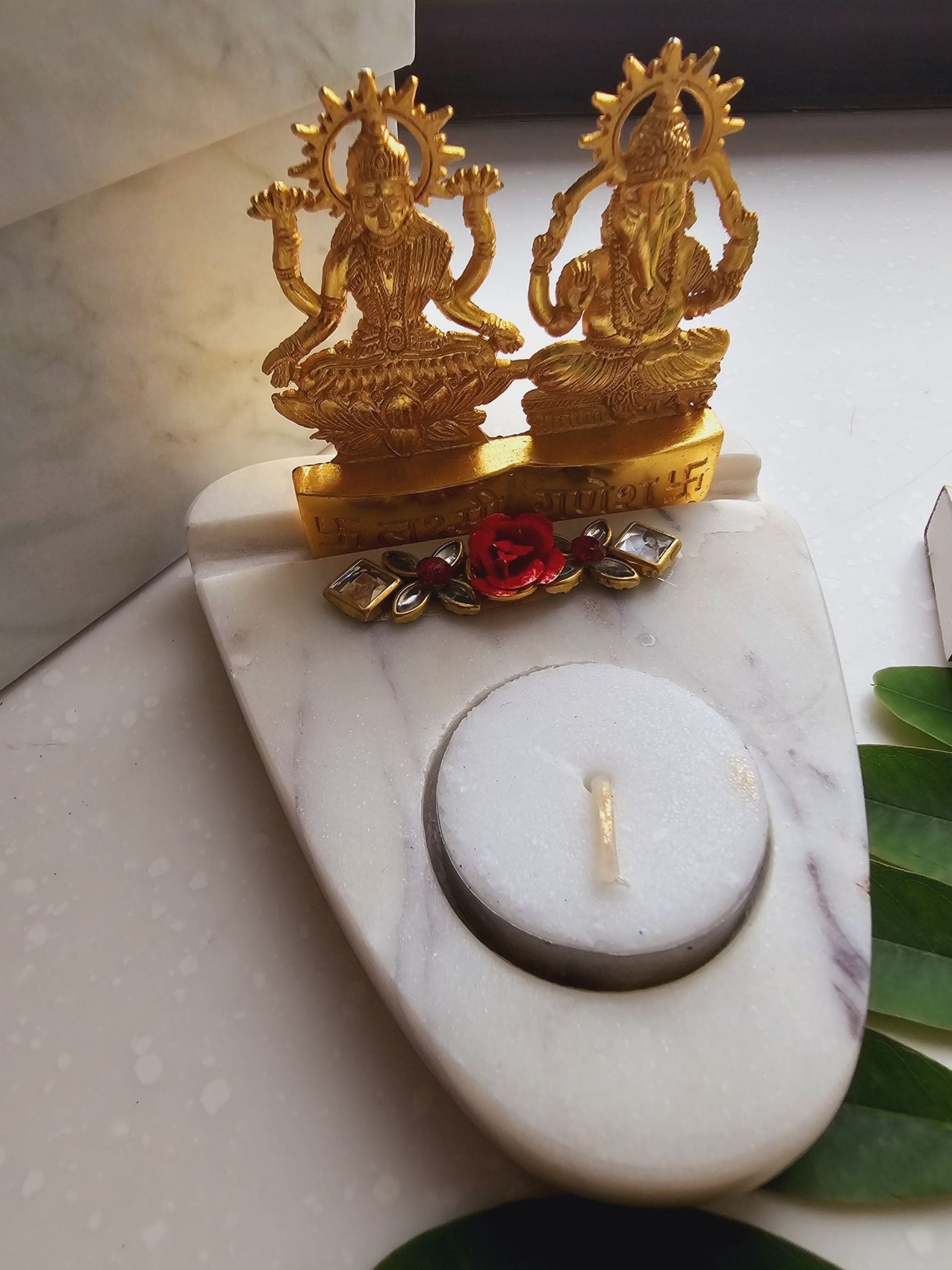 Laxmi Ganesha & Marble Base Tea Light Holder Gold