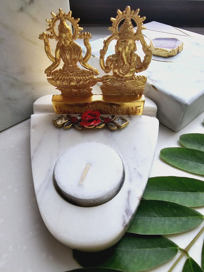 Laxmi Ganesha & Marble Base Tea Light Holder Gold