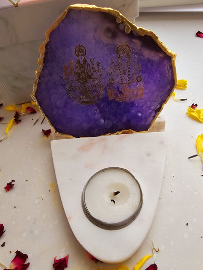 Laxmi Ganesha Agate & Marble Base Tea Light Holder Purple