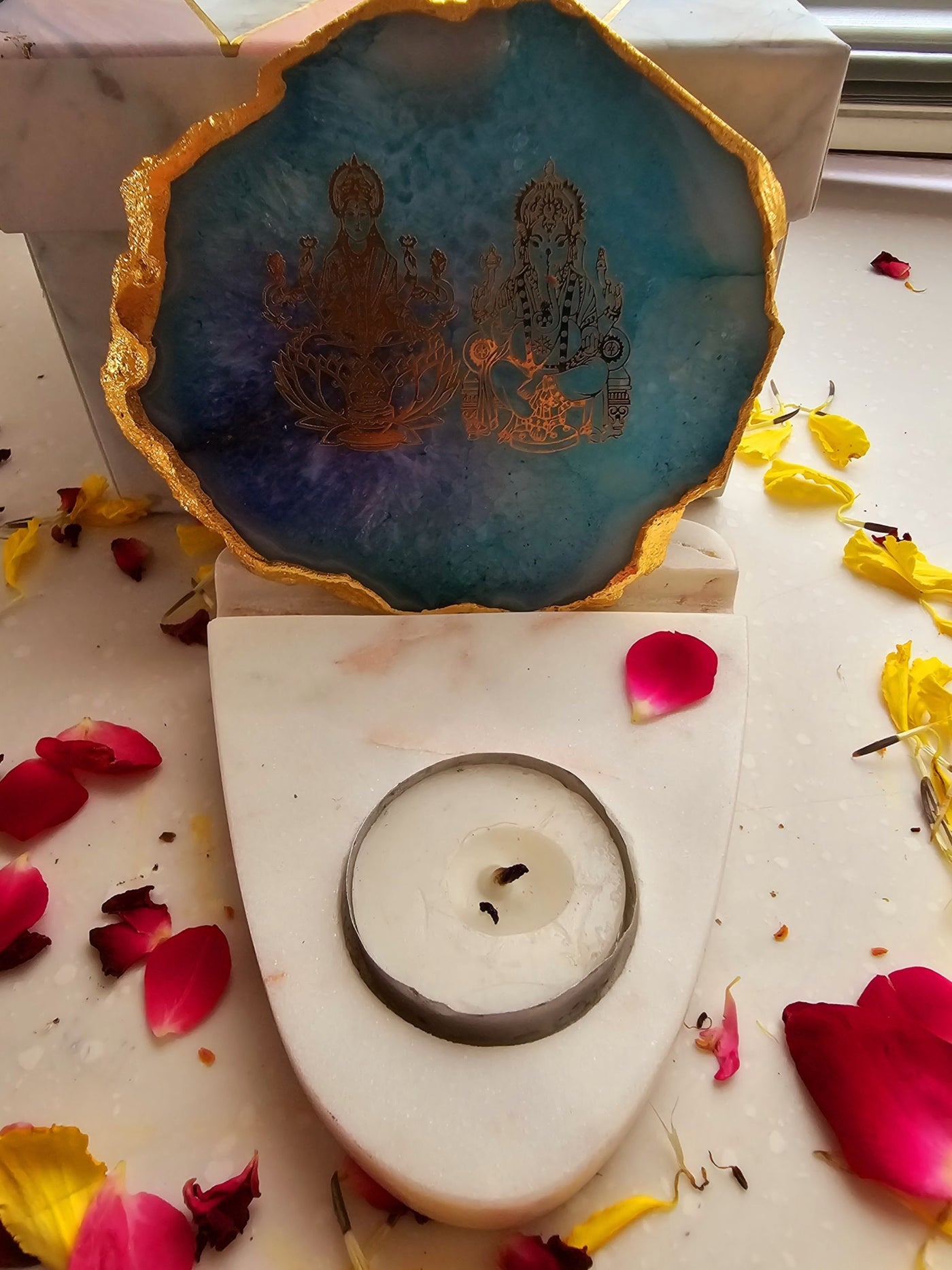 Laxmi Ganesha Agate & Marble Base Tea Light Holder Turquoise