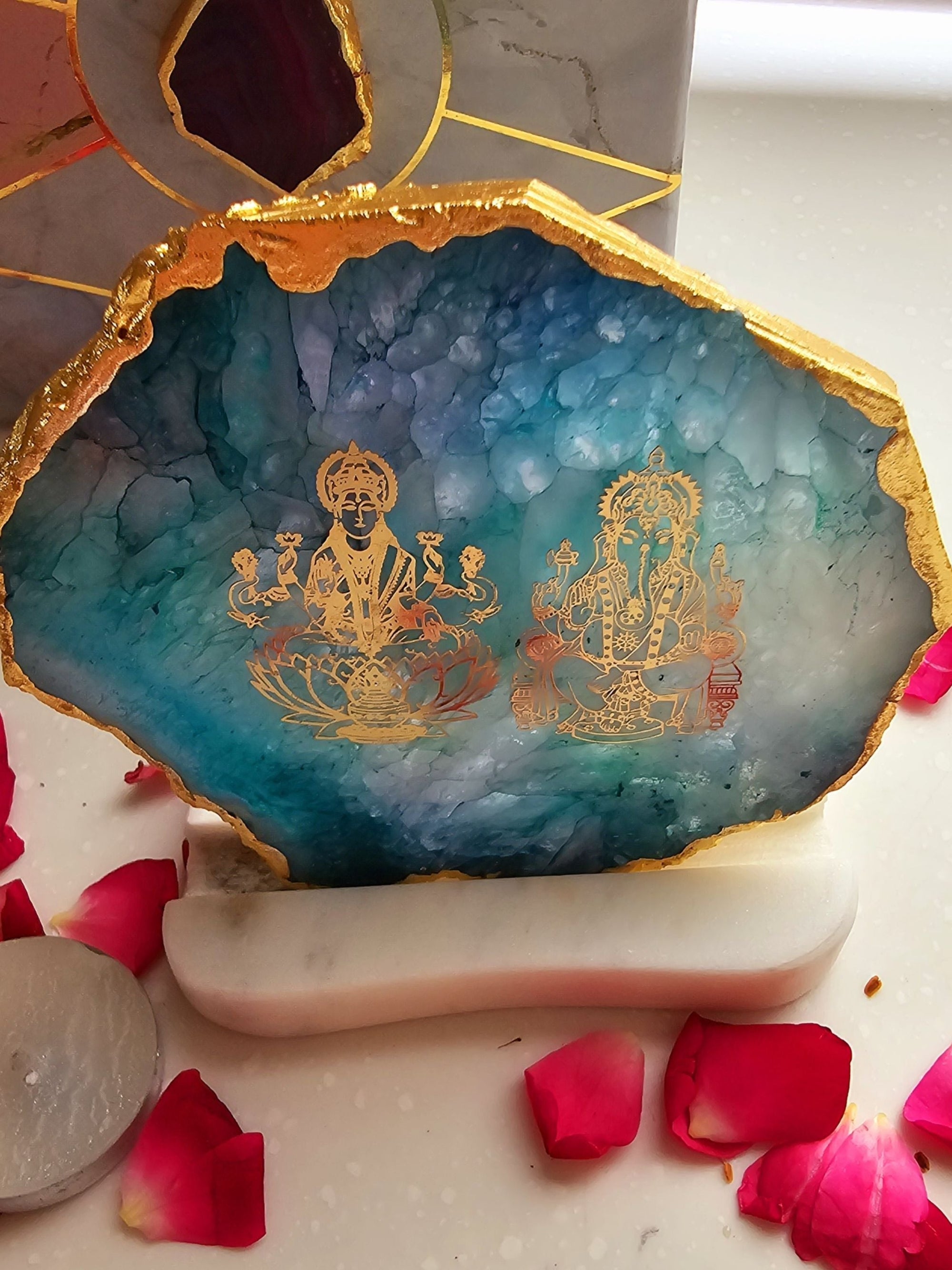 Laxmi Ganesha Agate with Marble Tea light Religious Home Decor