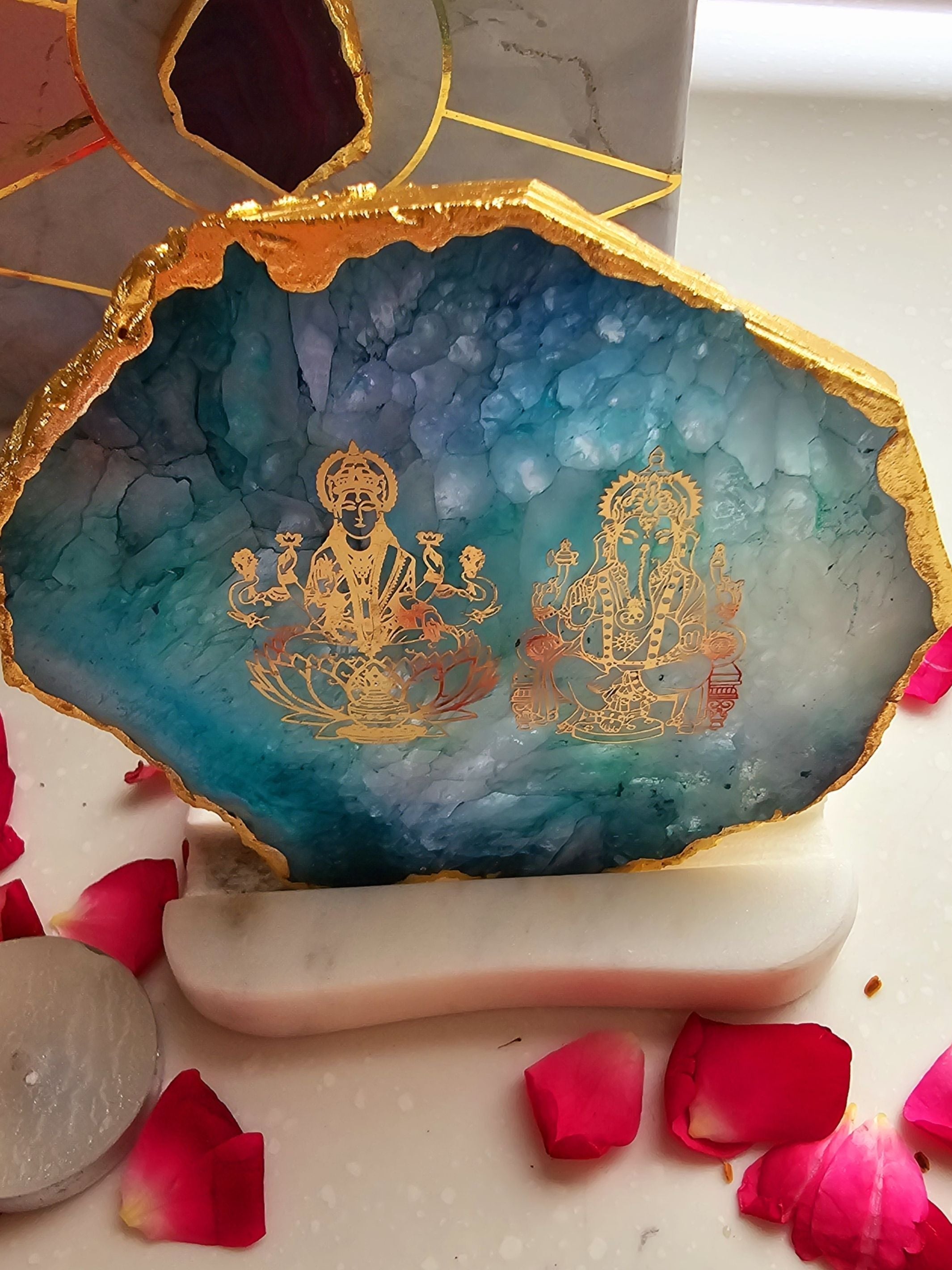 Laxmi Ganesha Agate with Marble Tea light Religious Home Decor