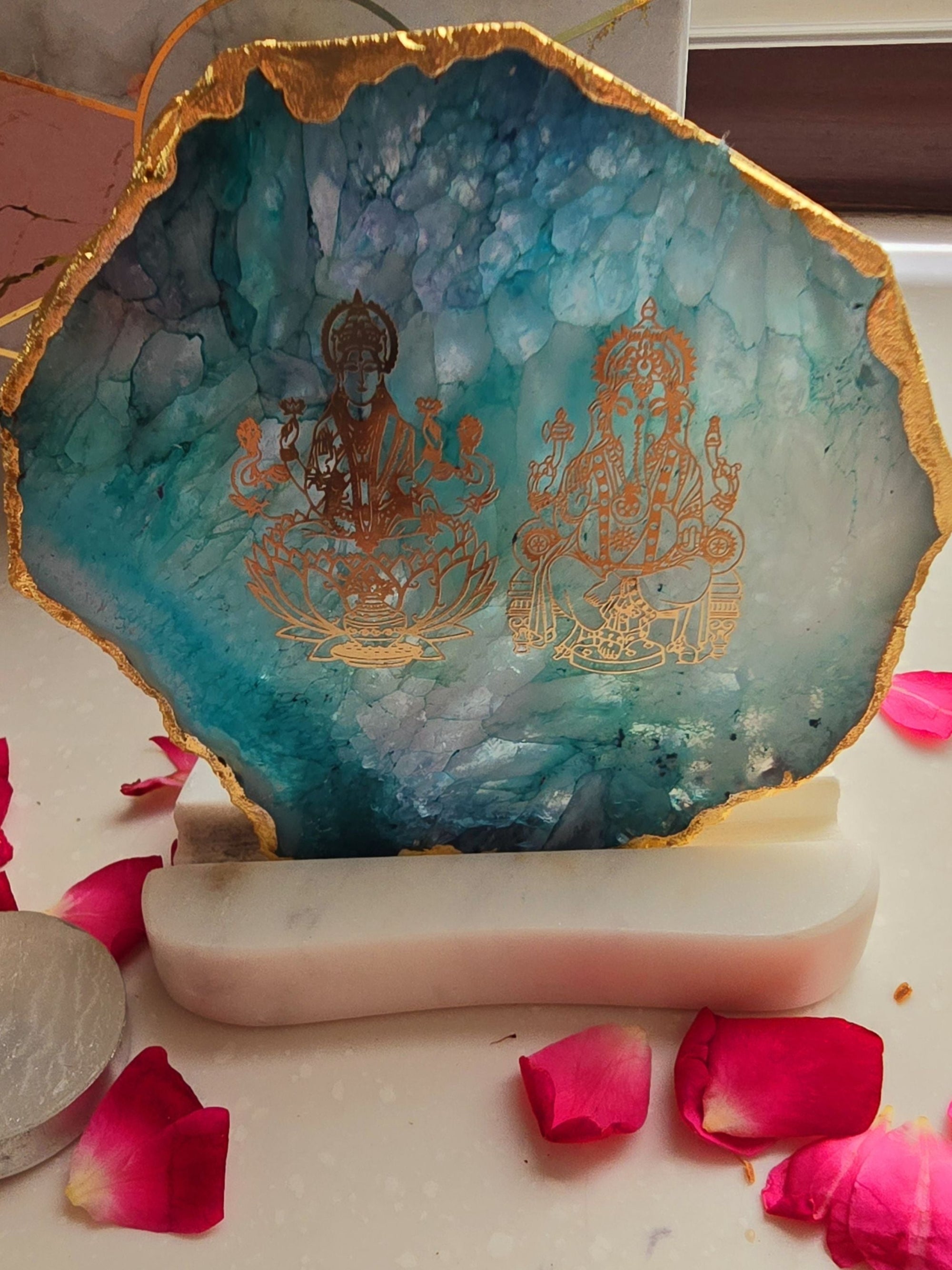 Laxmi Ganesha Agate with Marble Tea light Religious Home Decor