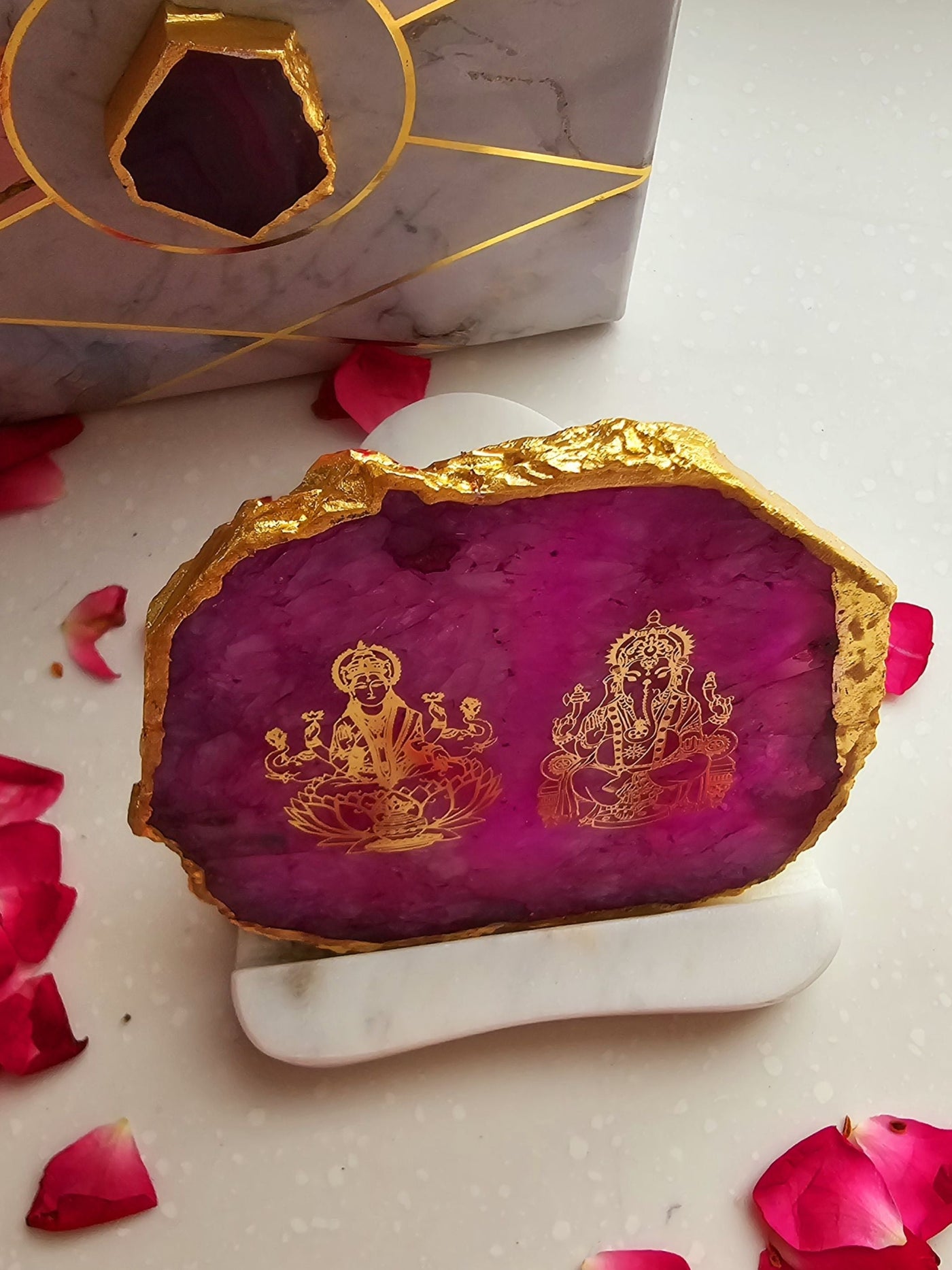 Laxmi Ganesha Agate with Marble Tea light Religious Home Decor Pink