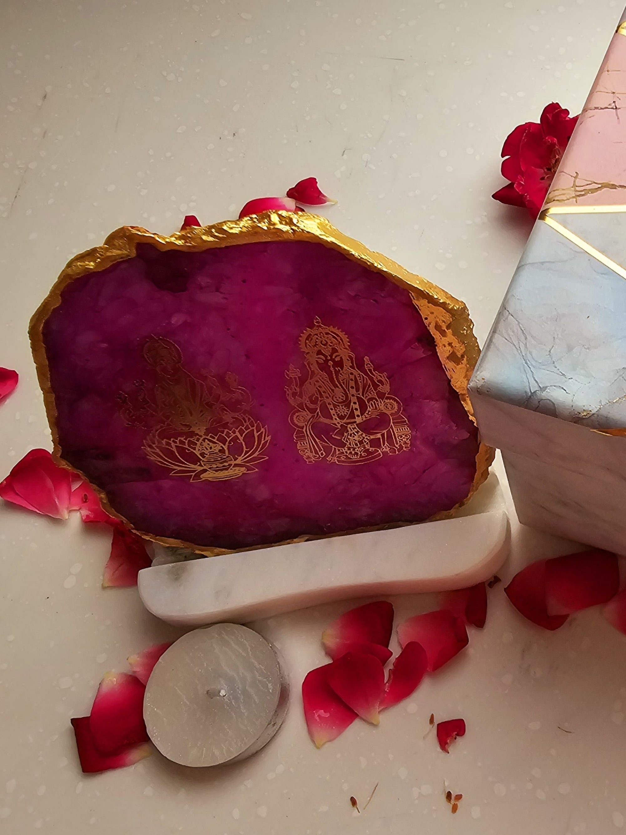 Laxmi Ganesha Agate with Marble Tea light Religious Home Decor
