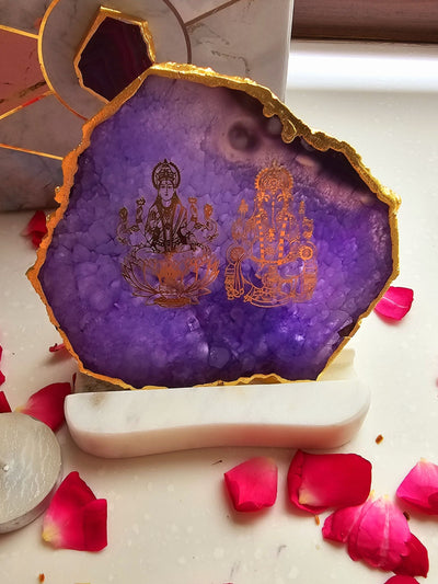 Laxmi Ganesha Agate with Marble Tea light Religious Home Decor Purple