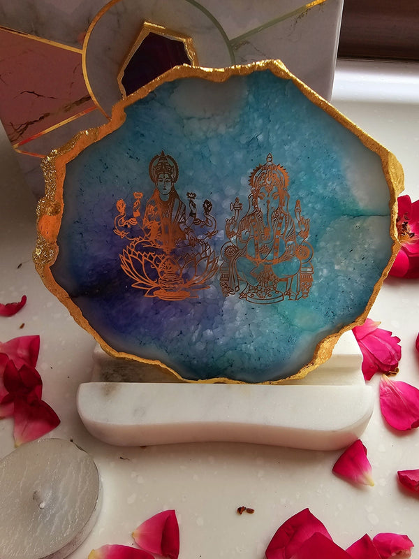 Laxmi Ganesha Agate with Marble Tea light Religious Home Decor