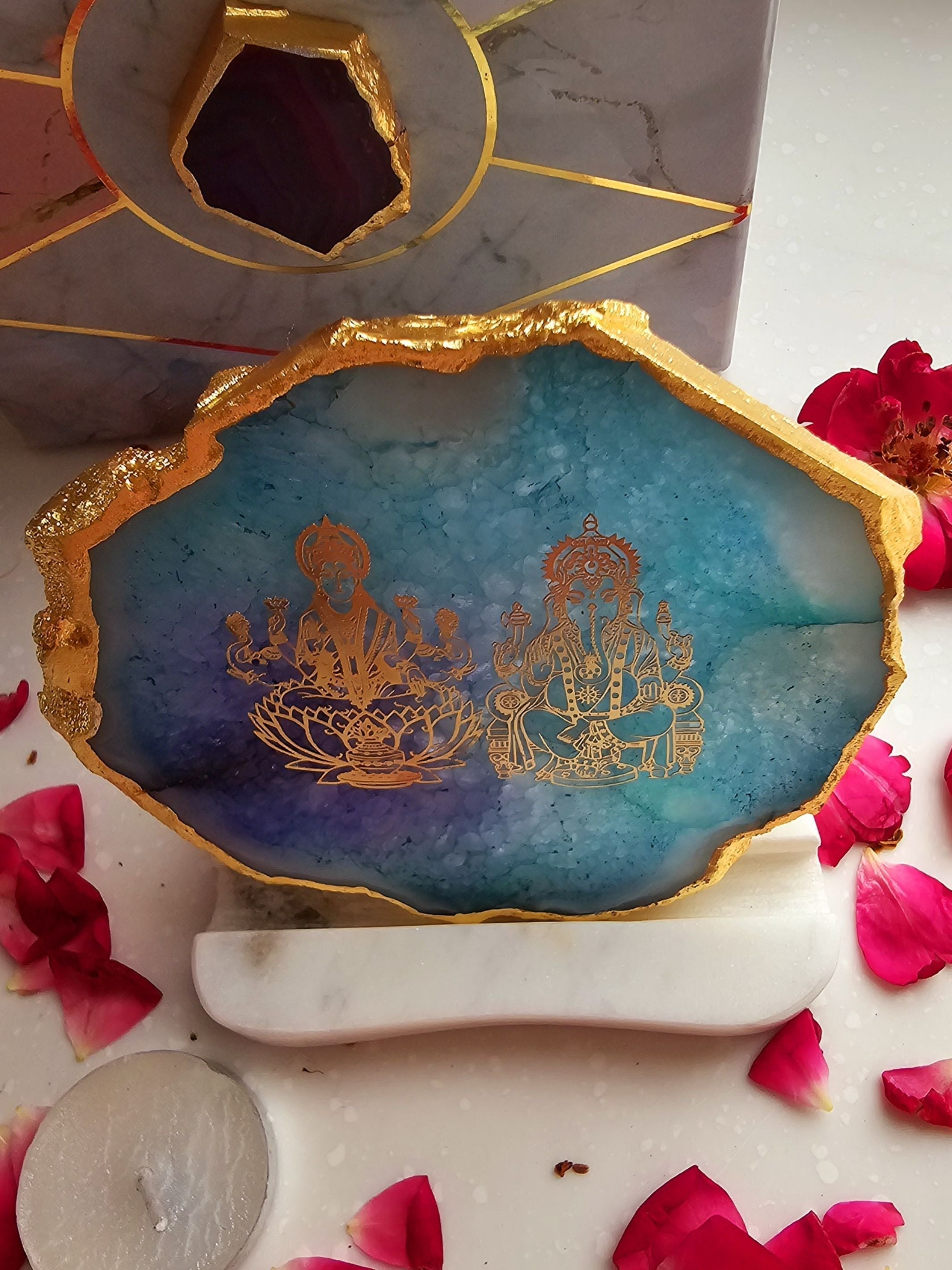Laxmi Ganesha Agate with Marble Tea light Religious Home Decor