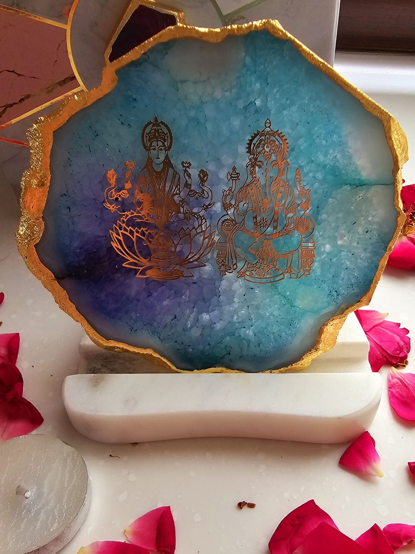 Laxmi Ganesha Agate with Marble Tea light Religious Home Decor Turquoise