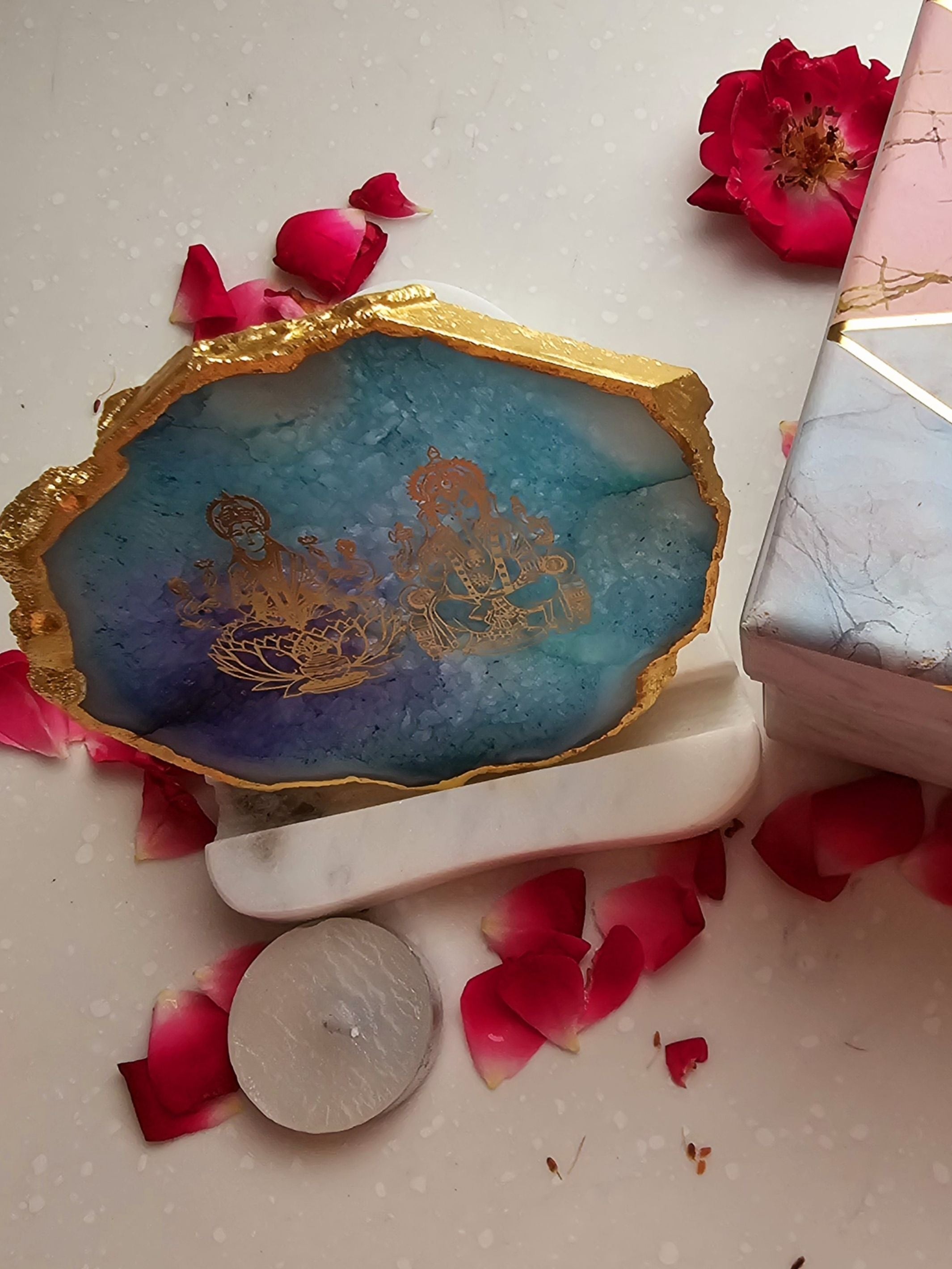 Laxmi Ganesha Agate with Marble Tea light Religious Home Decor